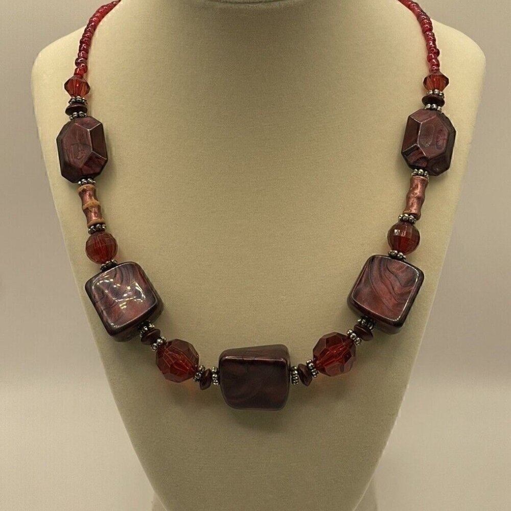 Vintage Estate Venetian Glass Necklace Intricate Red Square Flowered Bea…